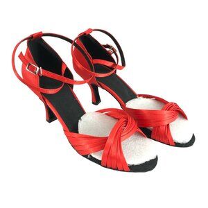 Womens Heels Strappy Ankle Strap Satin Open Toe Dance Shoes Red Sexy Size 8.5
